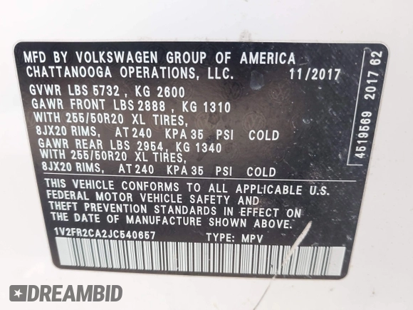 2018 Volkswagen Atlas SE z VIN 1V2FR2CA2JC540657, wystawiony jako IAAI lot #42115554 z przebiegiem 107 309 mil mil oraz . Historia ofert i sprzedaży dostępna na DreamBid. Obrazek 9.