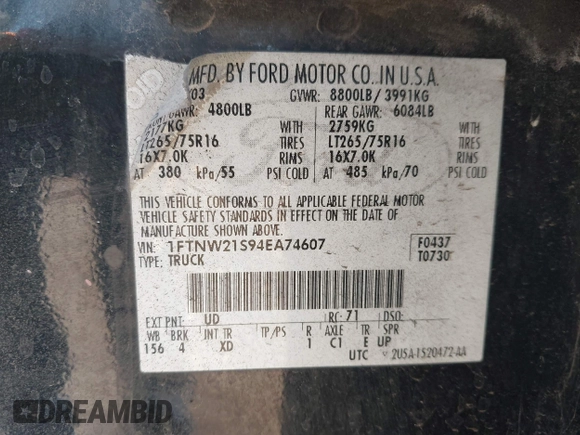 2004 Ford F-250 XL с VIN 1FTNW21S94EA74607, выставлен на аукционе IAAI как лот 42424306 с пробегом 195 879 миль миль и . История ставок и продаж доступна на DreamBid. Изображение 9.