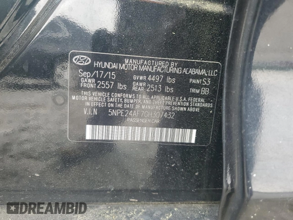 2016 Hyundai Sonata 2.4L with VIN 5NPE24AF7GH307432, listed as a Copart auction lot 54595575 with 142,395 mi miles and Clean Title. Bid and sale history available at carsss.com. Image 12.