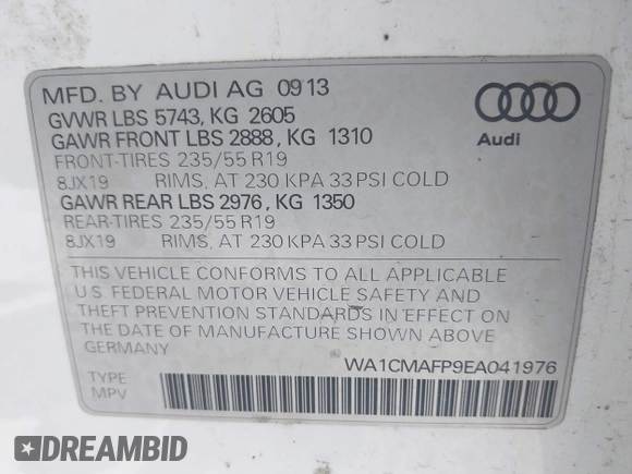 2014 Audi Q5 Premium Plus z VIN WA1CMAFP9EA041976, wystawiony jako IAAI lot #42296067 z przebiegiem 131 906 mil mil oraz . Historia ofert i sprzedaży dostępna na DreamBid. Obrazek 9.