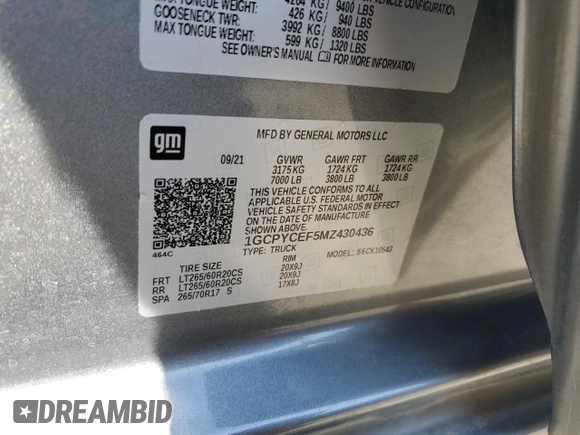 2021 Chevrolet Silverado 1500 Custom Trail Boss with VIN 1GCPYCEF5MZ430436, listed as a Copart auction lot 52027245 with 60,656 mi miles and Salvage Title. Bid and sale history available at DreamBid. Image 12.