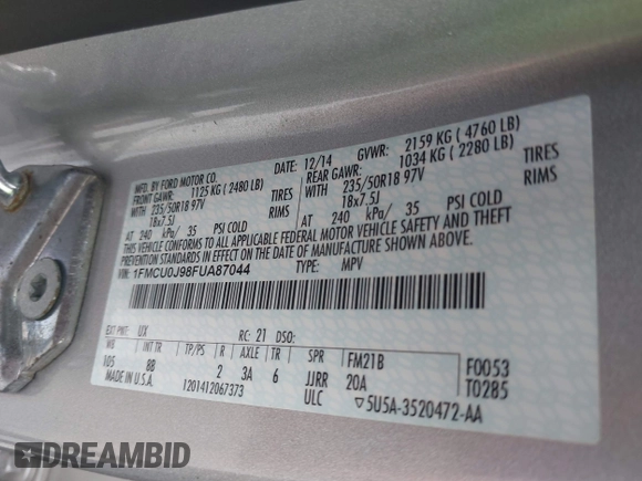 2015 Ford Escape Titanium with VIN 1FMCU0J98FUA87044, listed as a IAAI auction lot 41952096 with 257,437 mi miles. Bid and sale history available at carsss.com. Image 9.