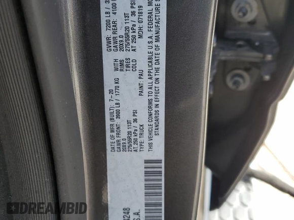 2020 Ram 1500 Laramie with VIN 1C6SRFJM9LN344248, listed as a Copart auction lot 63751575 with Not provided miles and Salvage title. Bid and sale history available at DreamBid. Image 12.