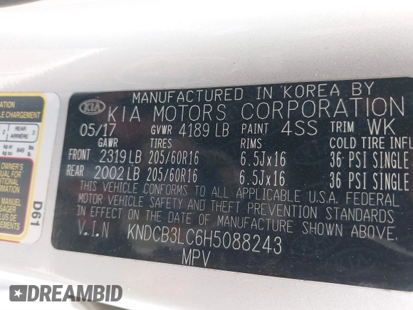 2017 Kia Niro LX with VIN KNDCB3LC6H5088243, listed as a IAAI auction lot 41747137 with 122,149 mi miles. Bid and sale history available at carsss.com. Image 9.