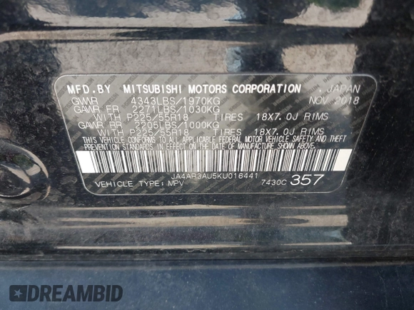 2019 Mitsubishi Outlander ES z VIN JA4AR3AU5KU016441, wystawiony jako IAAI lot #42122866 z przebiegiem 76 866 mil mil oraz . Historia ofert i sprzedaży dostępna na DreamBid. Obrazek 9.