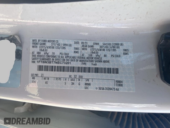 2022 Ford F-350 XL with VIN 1FT8W3BT7NEC73201, listed as a Copart auction lot 54583985 with 166,621 mi miles and Clean Title. Bid and sale history available at DreamBid. Image 10.