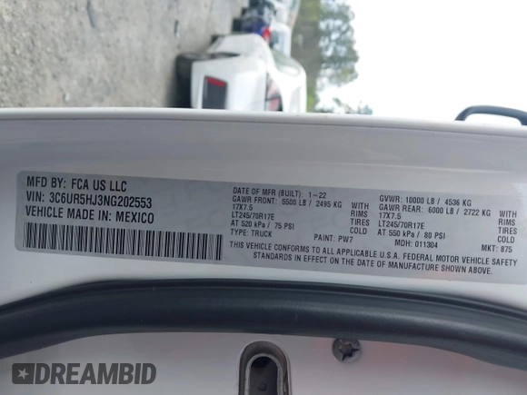 2022 Ram 2500 Tradesman with VIN 3C6UR5HJ3NG202553, listed as a IAAI auction lot 41845647 with 136,738 mi miles and . Bid and sale history available at DreamBid. Image 9.