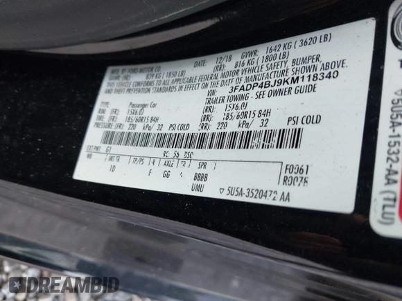 2019 Ford Fiesta SE with VIN 3FADP4BJ9KM118340, listed as a IAAI auction lot 41613597 with 95,530 mi miles. Bid and sale history available at carsss.com. Image 9.