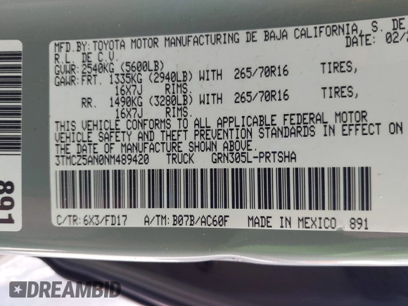 2022 Toyota Tacoma SR with VIN 3TMCZ5AN0NM489420, listed as a IAAI auction lot 42597175 with 129,340 mi miles and . Bid and sale history available at DreamBid. Image 9.