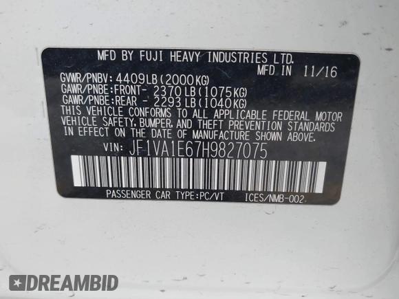 2017 Subaru WRX Premium with VIN JF1VA1E67H9827075, listed as a IAAI auction lot 41490943 with 44,428 mi miles and . Bid and sale history available at DreamBid. Image 9.