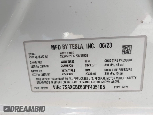 2023 Tesla Model X Plaid with VIN 7SAXCBE63PF405105, listed as a IAAI auction lot 41876918 with 22,475 mi miles and . Bid and sale history available at DreamBid. Image 9.