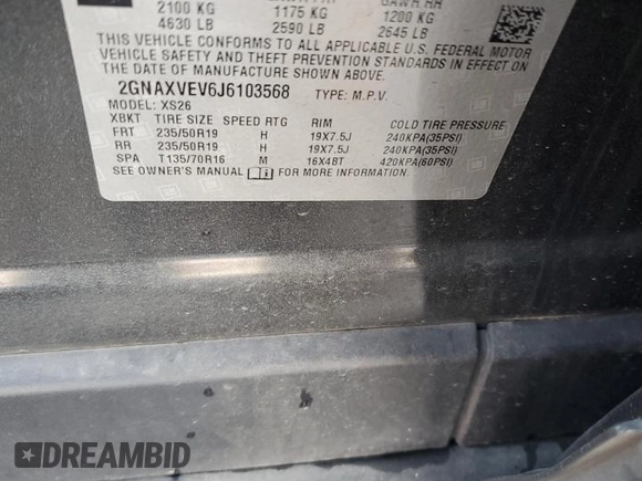 2018 Chevrolet Equinox Premier with VIN 2GNAXVEV6J6103568, listed as a Copart auction lot 55321755 with 67,471 mi miles and Salvage Title. Bid and sale history available at DreamBid. Image 14.