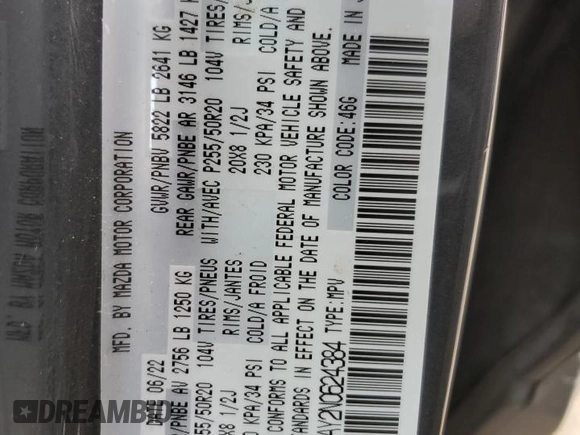2022 Mazda CX-9 Touring Plus with VIN JM3TCBAY2N0624384, listed as a Copart auction lot 43252575 with 23,620 mi miles and Salvage Title. Bid and sale history available at carsss.com. Image 13.