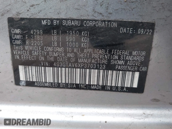 2023 Subaru Impreza Premium with VIN 4S3GTAV6XP3703123, listed as a IAAI auction lot 42018724 with 80,610 mi miles and . Bid and sale history available at DreamBid. Image 9.