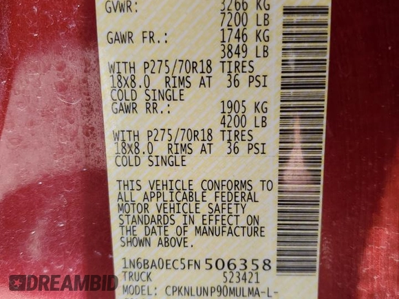 2015 Nissan Titan Pro-4X with VIN 1N6BA0EC5FN506358, listed as a Copart auction lot 56671205 with 153,712 mi miles and Salvage title. Bid and sale history available at DreamBid. Image 13.