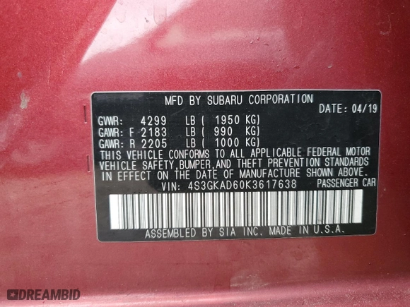 2019 Subaru Impreza Premium with VIN 4S3GKAD60K3617638, listed as a Copart auction lot 47661115 with 67,789 mi miles and Salvage Title. Bid and sale history available at carsss.com. Image 15.