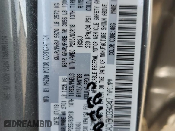 2019 Mazda CX-9 Touring with VIN JM3TCACY6K0334247, listed as a Copart auction lot 54756235 with 77,963 mi miles and Salvage title. Bid and sale history available at DreamBid. Image 13.
