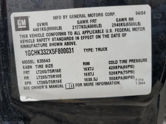 2005 Chevrolet Silverado 3500 SRW LT with VIN 1GCHK332X5F800031, listed as a Copart auction lot 82807534 with NaN miles and Salvage Title. Bid and sale history available at carsss.com. Image 12.