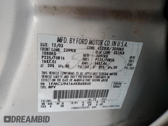 2004 Ford Escape Limited z VIN 1FMCU94164KB68840, wystawiony jako Copart lot #56626065 z przebiegiem 222 711 mil mil oraz Czysty tytuł • Clean title. Historia ofert i sprzedaży dostępna na DreamBid. Obrazek 12.