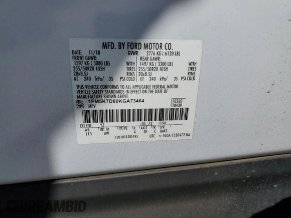 2019 Ford Explorer XLT z VIN 1FM5K7D80KGA73464, wystawiony jako Copart lot #57432355 z przebiegiem 54 822 mil mil oraz Szkoda całkowita • Salvage title. Historia ofert i sprzedaży dostępna na DreamBid. Obrazek 14.
