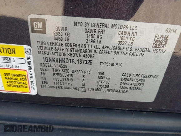 2015 Chevrolet Traverse LT with VIN 1GNKVHKD1FJ167325, listed as a IAAI auction lot 41631600 with 88,247 mi miles and . Bid and sale history available at DreamBid. Image 9.