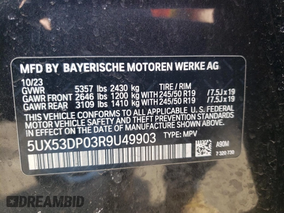 2024 BMW X3 xDrive30i z VIN 5UX53DP03R9U49903, wystawiony jako Copart lot #53373785 z przebiegiem 15 944 mil mil oraz Szkoda całkowita • Salvage title. Historia ofert i sprzedaży dostępna na DreamBid. Obrazek 13.