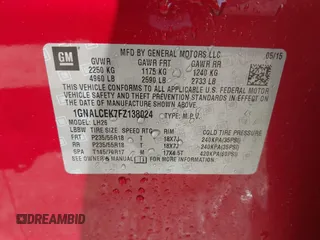 2015 Chevrolet Equinox LT with VIN 1GNALCEK7FZ138024, listed as a IAAI auction lot 42041555 with 33,815 mi miles. Bid and sale history available at carsss.com. Image 9.