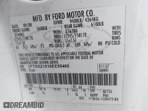2008 Ford F-250 XL with VIN 1FTSX21518EE55495, listed as a IAAI auction lot 41480408 with 156,526 mi miles and . Bid and sale history available at DreamBid. Image 9.