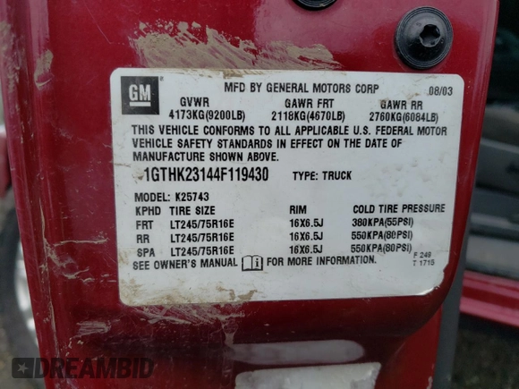 2004 GMC Sierra 2500HD SLE z VIN 1GTHK23144F119430, wystawiony jako Copart lot #85532974 z przebiegiem Nie podano mil oraz Szkoda całkowita • Salvage title. Historia ofert i sprzedaży dostępna na DreamBid. Obrazek 13.