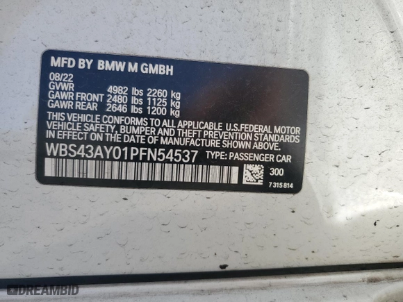 2023 BMW M3 Competition xDrive with VIN WBS43AY01PFN54537, listed as a Copart auction lot 49723805 with 0 mi miles and Salvage Title. Bid and sale history available at carsss.com. Image 14.