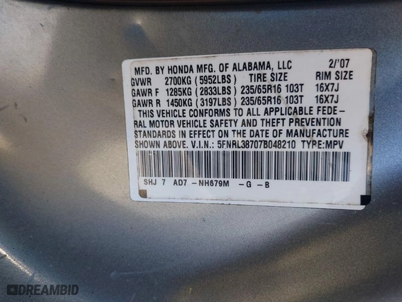2007 Honda Odyssey EX-L with VIN 5FNRL38707B048210, listed as a IAAI auction lot 41632691 with 199170 miles. Bid and sale history available at carsss.com. Image 9.