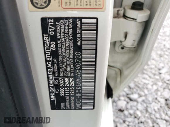 2012 Mercedes-Benz E 350 Luxury with VIN WDDHF5KB9CA590720, listed as a Copart auction lot 56544155 with 187,826 mi miles and Salvage title. Bid and sale history available at DreamBid. Image 12.