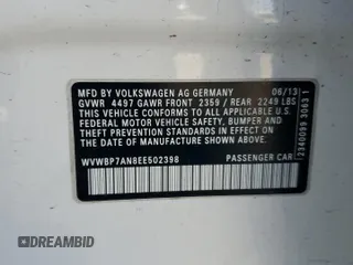 2014 Volkswagen CC R-Line с VIN WVWBP7AN8EE502398, выставлен на аукционе Copart как лот 52826405 с пробегом 121 799 миль миль и Списание • Salvage title. История ставок и продаж доступна на DreamBid. Изображение 12.