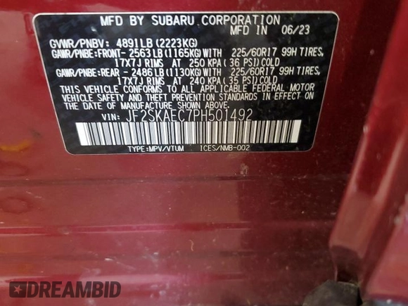 2023 Subaru Forester Premium with VIN JF2SKAEC7PH501492, listed as a Copart auction lot 59079455 with Not provided miles and Salvage title. Bid and sale history available at DreamBid. Image 12.
