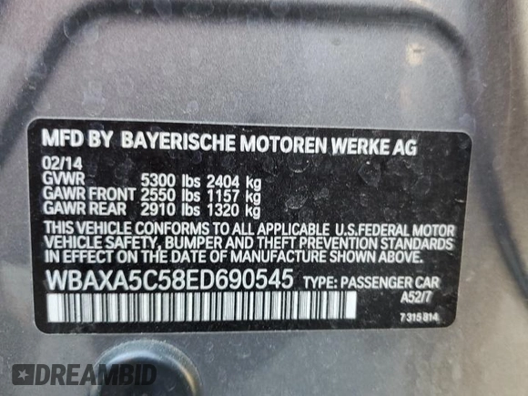 2014 BMW 5 Series 535d with VIN WBAXA5C58ED690545, listed as a Copart auction lot 46672495 with 161,998 mi miles and Salvage Title. Bid and sale history available at carsss.com. Image 14.