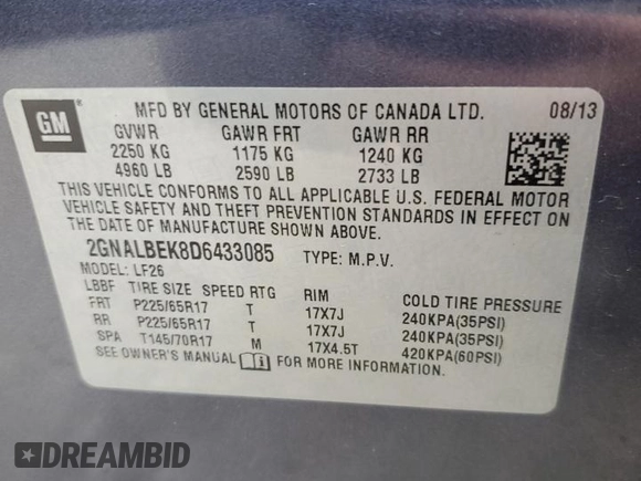 2013 Chevrolet Equinox LS z VIN 2GNALBEK8D6433085, wystawiony jako Copart lot #82775684 z przebiegiem Nie podano mil oraz Nie do naprawy • Non repairable. Historia ofert i sprzedaży dostępna na DreamBid. Obrazek 13.
