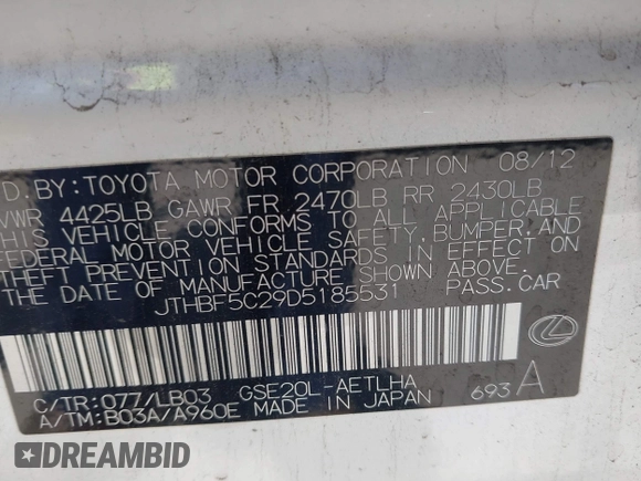 2013 Lexus IS 250 with VIN JTHBF5C29D5185531, listed as a IAAI auction lot 41922094 with 124,507 mi miles and . Bid and sale history available at DreamBid. Image 9.