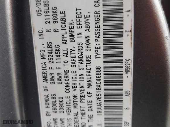 2008 Acura TL Type-S with VIN 19UUA76518A046888, listed as a Copart auction lot 44589505 with 0 mi miles and Salvage Title. Bid and sale history available at carsss.com. Image 12.