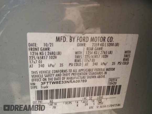 2022 Ford Maverick XL with VIN 3FTTW8E33NRA08789, listed as a Copart auction lot 53835065 with 30,464 mi miles and Salvage Title. Bid and sale history available at DreamBid. Image 12.