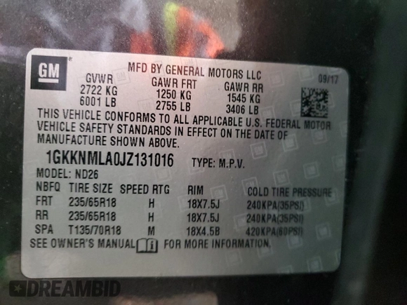 2018 GMC Acadia SLT z VIN 1GKKNMLA0JZ131016, wystawiony jako Copart lot #51732655 z przebiegiem 130 837 mil mil oraz Szkoda całkowita • Salvage title. Historia ofert i sprzedaży dostępna na DreamBid. Obrazek 15.