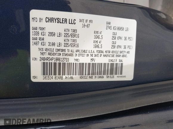 2008 Chrysler Town & Country Touring with VIN 2A8HR54P18R612733, listed as a IAAI auction lot 42113549 with 28,437 mi miles and . Bid and sale history available at carsss.com. Image 9.