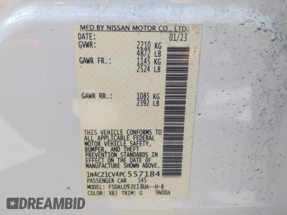 2023 Nissan LEAF SV Plus with VIN 1N4CZ1CV4PC557184, listed as a IAAI auction lot 42034042 with 12,037 mi miles and . Bid and sale history available at DreamBid. Image 9.