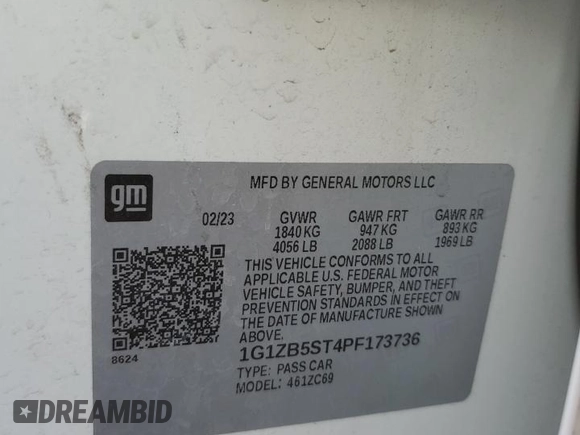 2023 Chevrolet Malibu LS with VIN 1G1ZB5ST4PF173736, listed as a Copart auction lot 46333825 with Not Provided miles and Salvage Title. Bid and sale history available at DreamBid. Image 12.