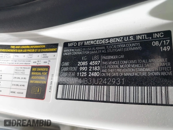 2018 Mercedes-Benz C 300 with VIN 55SWF4JB3JU242931, listed as a IAAI auction lot 42267645 with 194,674 mi miles and . Bid and sale history available at DreamBid. Image 9.