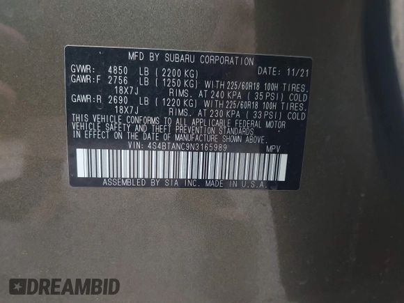 2022 Subaru Outback Limited z VIN 4S4BTANC9N3165989, wystawiony jako IAAI lot #42076365 z przebiegiem 41 184 mil mil oraz . Historia ofert i sprzedaży dostępna na DreamBid. Obrazek 9.
