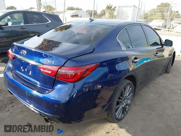 2021 Infiniti Q50 Red Sport 400 with VIN JN1FV7DPXMM850652, listed as a IAAI auction lot 41252436 with 48,380 mi miles and . Bid and sale history available at DreamBid. Image 4.