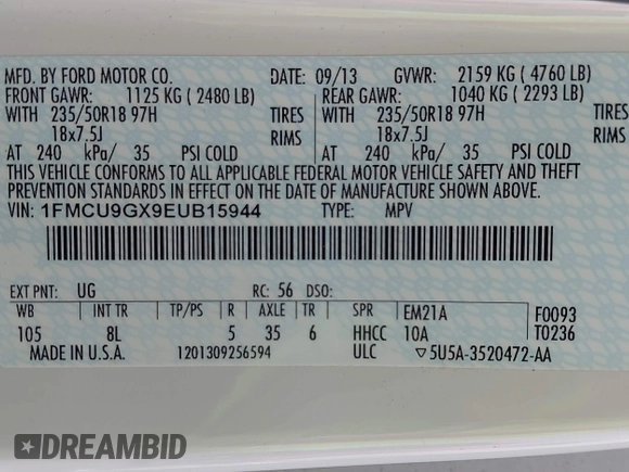 2014 Ford Escape SE with VIN 1FMCU9GX9EUB15944, listed as a IAAI auction lot 42110269 with 120,297 mi miles and . Bid and sale history available at DreamBid. Image 9.