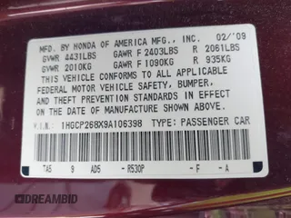 2009 Honda Accord EX-L z VIN 1HGCP268X9A106398, wystawiony jako IAAI lot #42297148 z przebiegiem 162 858 mil mil oraz . Historia ofert i sprzedaży dostępna na DreamBid. Obrazek 9.