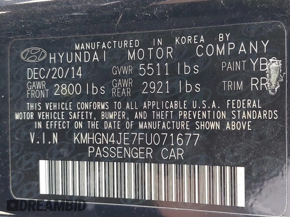 2015 Hyundai Genesis 3.8L with VIN KMHGN4JE7FU071677, listed as a IAAI auction lot 42068198 with 144,271 mi miles. Bid and sale history available at carsss.com. Image 9.