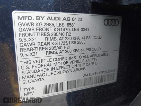 2023 Audi Q7 Premium Plus with VIN WA1LXBF77PD020848, listed as a IAAI auction lot 42205850 with 29,085 mi miles and . Bid and sale history available at DreamBid. Image 9.